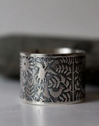 D’air et d’eau, bague poisson et oiseau otomi en argent