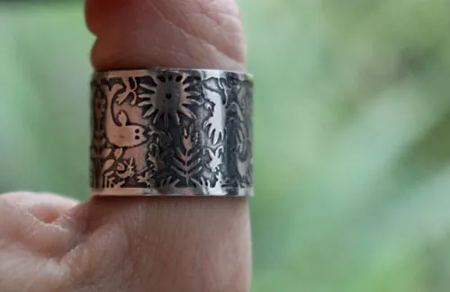 D’air et d’eau, bague poisson et oiseau otomi en argent