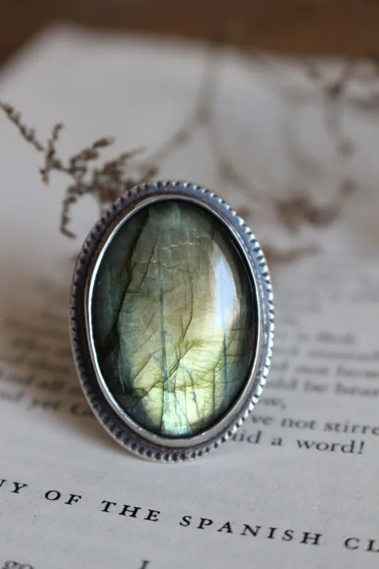 De l’autre côté, bague miroir et fougère en argent et labradorite