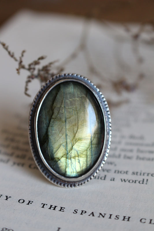 De l’autre côté, bague miroir et fougère en argent et labradorite