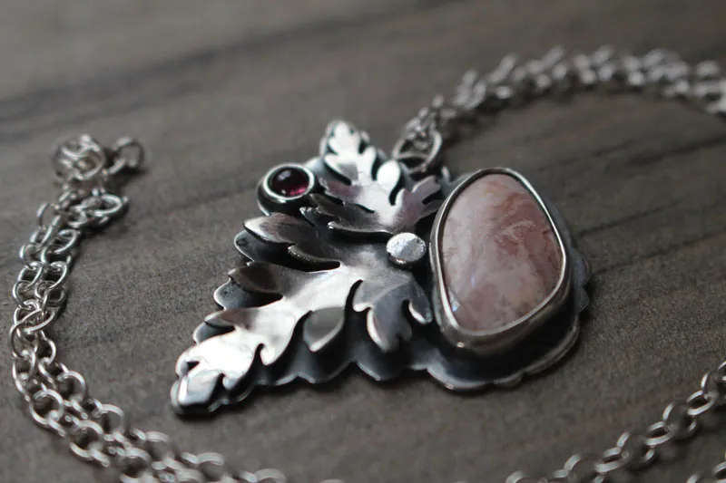 Effloraison, collier botanique en argent, tourmaline rose et rhodochrosite
