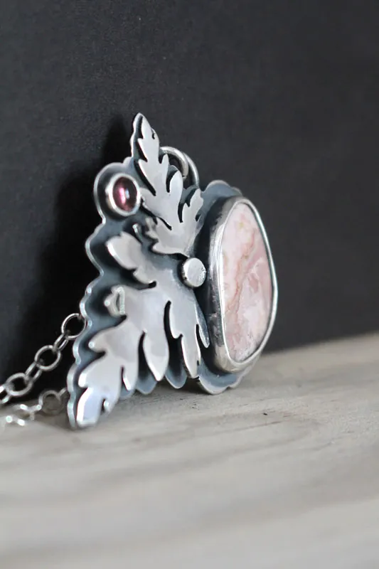 Effloraison, collier botanique en argent, tourmaline rose et rhodochrosite
