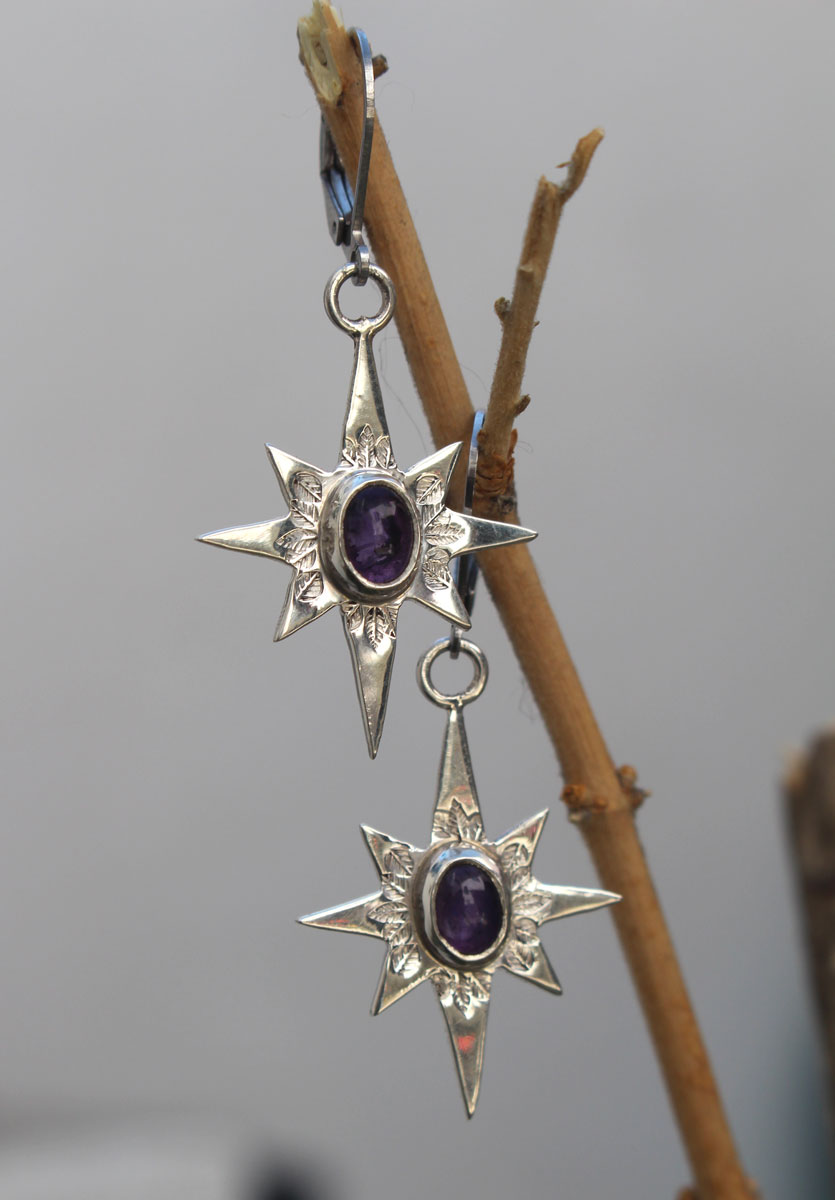 Étoile du Nord, boucles d’oreilles étoile du berger en argent et améthyste