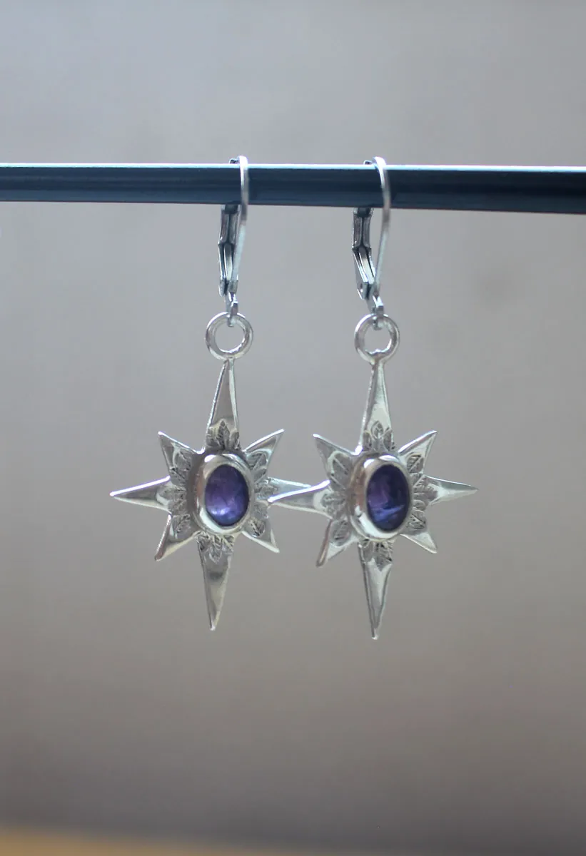 Étoile du Nord, boucles d’oreilles étoile du berger en argent et améthyste
