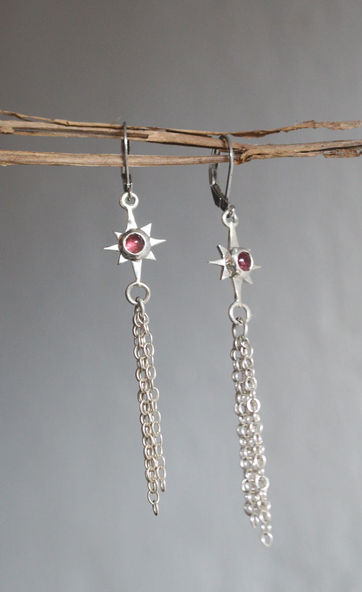 Étoile filante, boucles d’oreilles souhait céleste en argent et tourmaline rose