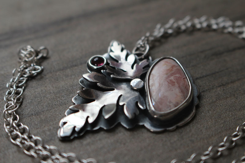 Effloraison, collier botanique en argent, tourmaline rose et rhodochrosite