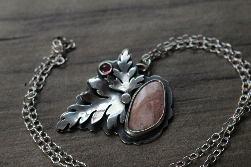 Effloraison, collier botanique en argent, tourmaline rose et rhodochrosite