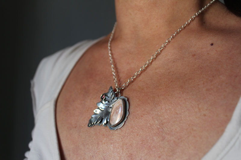Effloraison, collier botanique en argent, tourmaline rose et rhodochrosite