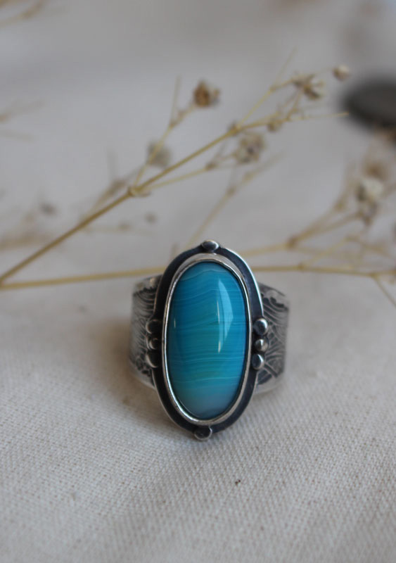 Entre le ciel et la mer, bague nautique en argent et agate bleue