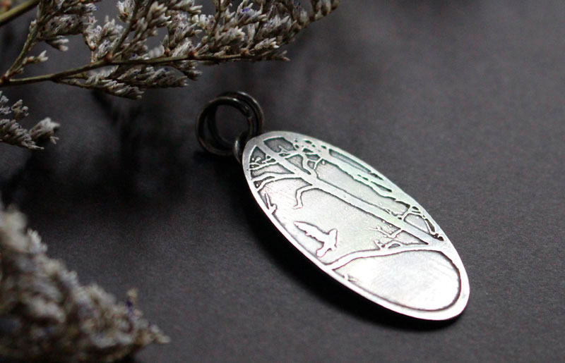 Espérance, pendentif oiseau dans la forêt en argent