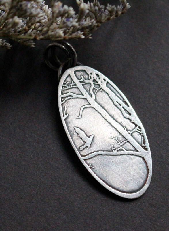 Espérance, pendentif oiseau dans la forêt en argent