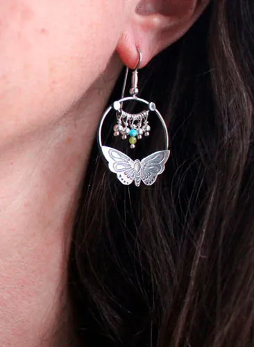 Farandole, boucles d’oreilles papillons en argent, agate jaune, agate verte et amazonite