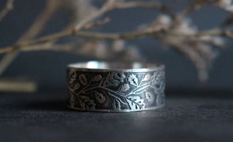 Feuille de chêne, bague branches d’arbre en argent