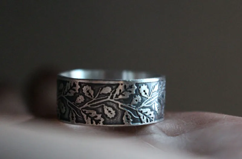 Feuille de chêne, bague branches d’arbre en argent