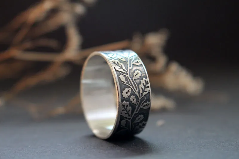 Feuille de chêne, bague branches d’arbre en argent