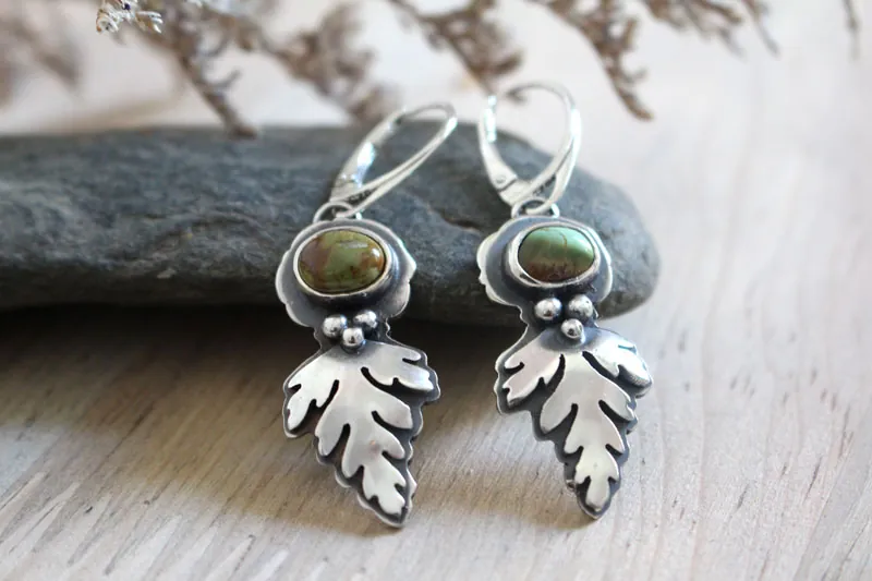 Feuilles d’écorce, boucles d’oreilles botanique celtique en argent et turquoise