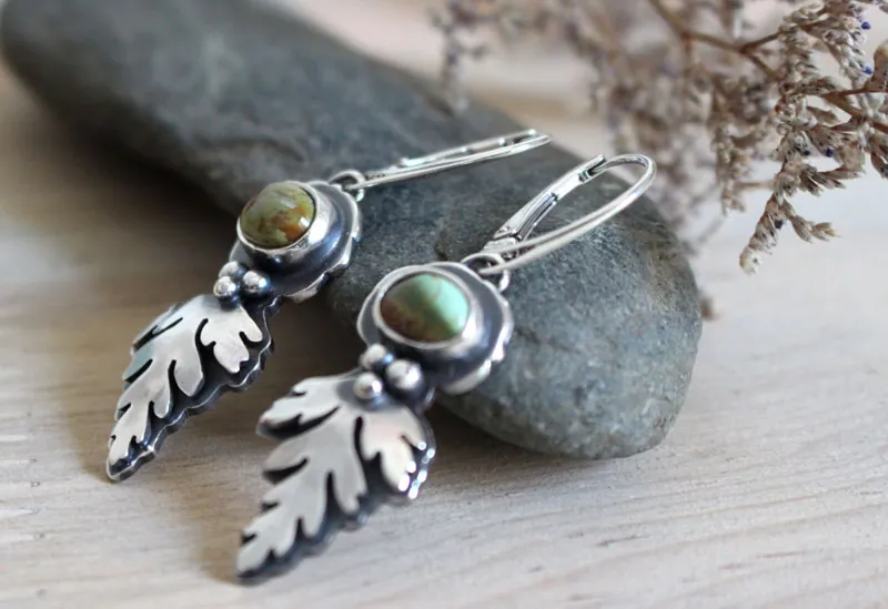 Feuilles d’écorce, boucles d’oreilles botanique celtique en argent et turquoise