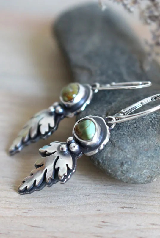 Feuilles d’écorce, boucles d’oreilles botanique celtique en argent et turquoise