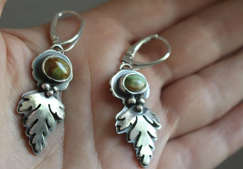 Feuilles d’écorce, boucles d’oreilles botanique celtique en argent et turquoise