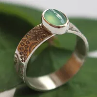Filicophyta, bague fougère en argent et chrysoprase
