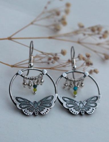 Farandole, boucles d’oreilles papillon en argent et amazonite