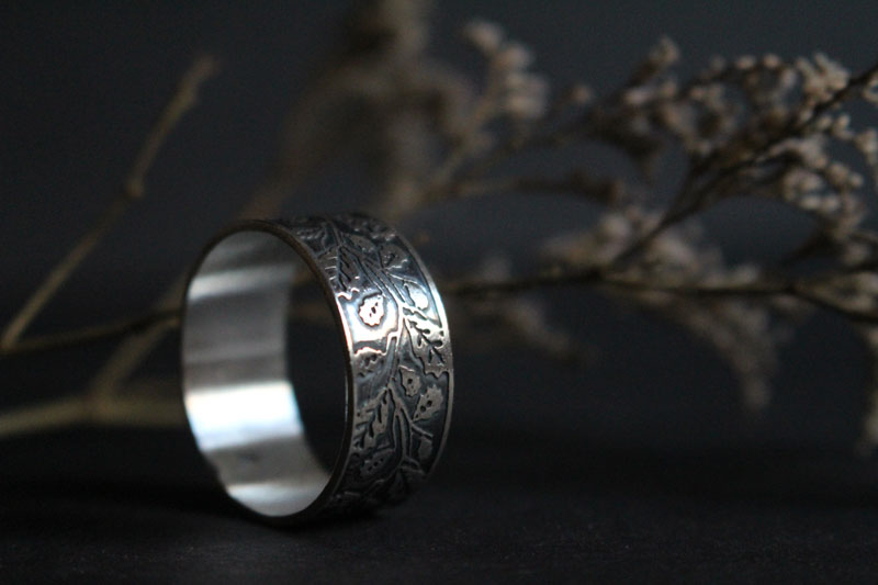 Feuille de chêne, bague branches d’arbre en argent 