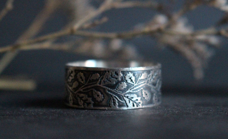 Feuille de chêne, bague branches d’arbre en argent