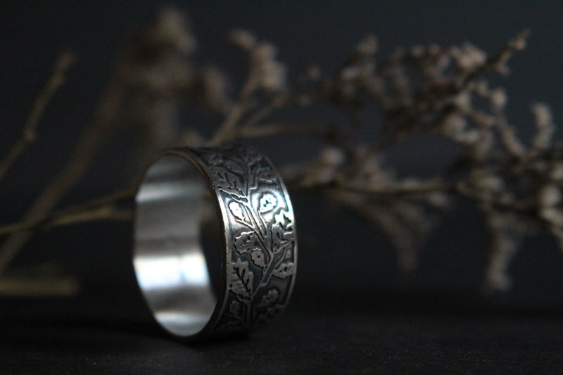 Feuille de chêne, bague branches d’arbre en argent