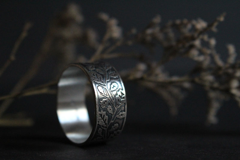 Feuille de chêne, bague branches d’arbre en argent 