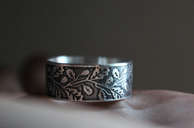 Feuille de chêne, bague branches d’arbre en argent 