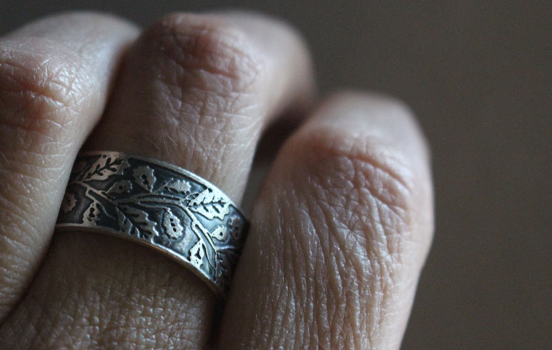 Feuille de chêne, bague branches d’arbre en argent 