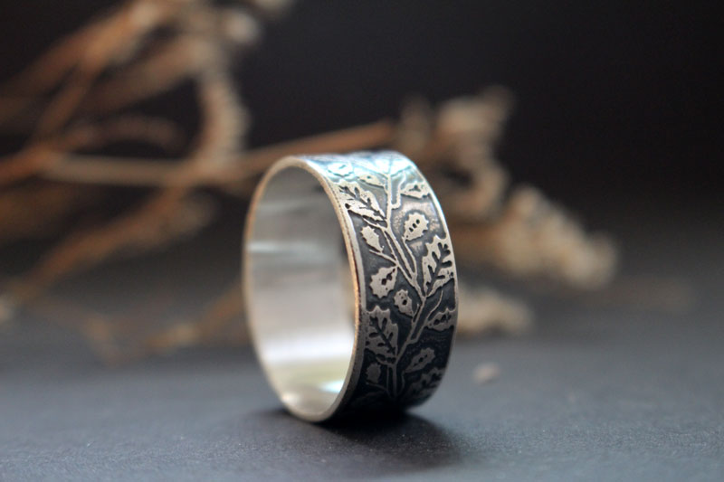 Feuille de chêne, bague branches d’arbre en argent 