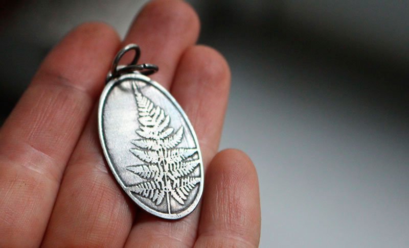 Feuille de fougère, pendentif nature en argent 