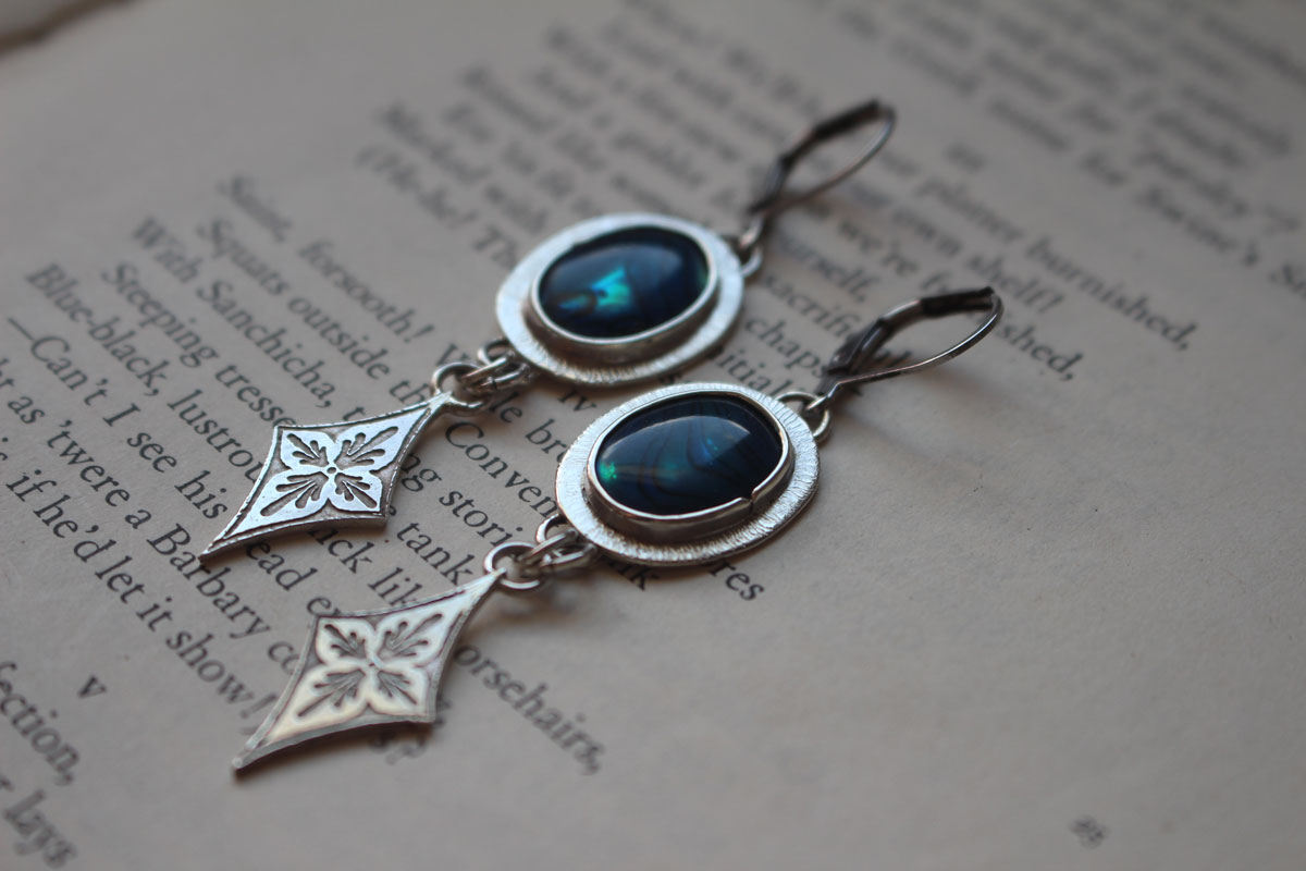 Galaxie, boucles d’oreilles ciel nocturne argent et paua