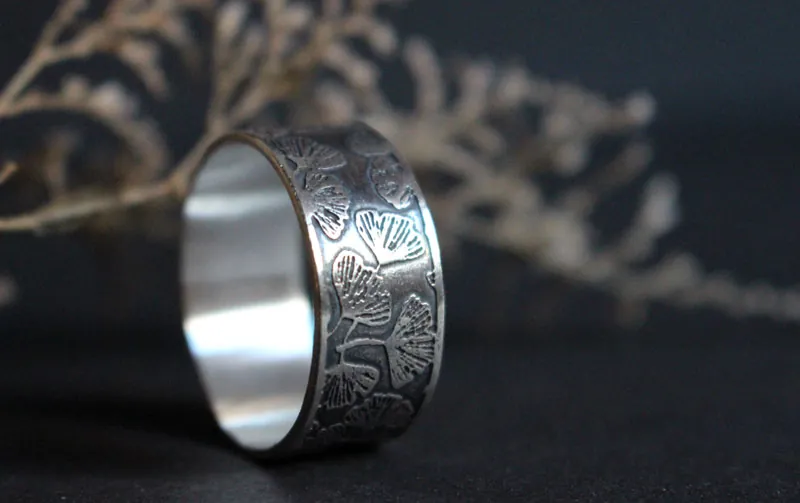 Ginkgo, bague feuilles japonaises en argent