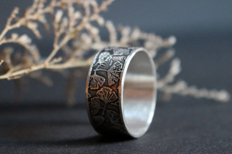 Ginkgo, bague feuilles japonaises en argent