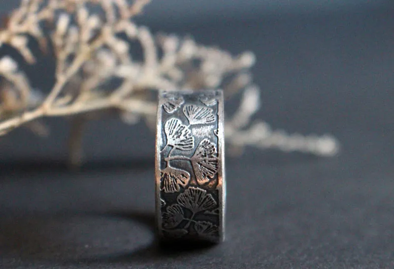 Ginkgo, bague feuilles japonaises en argent