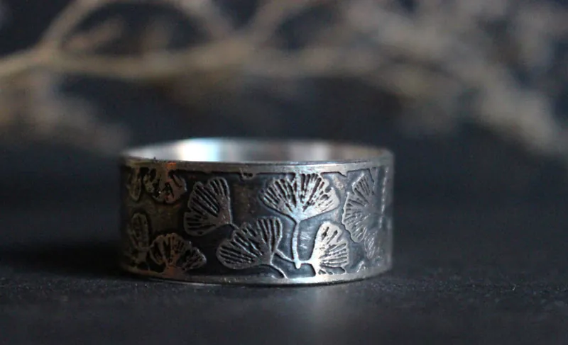 Ginkgo, bague feuilles japonaises en argent