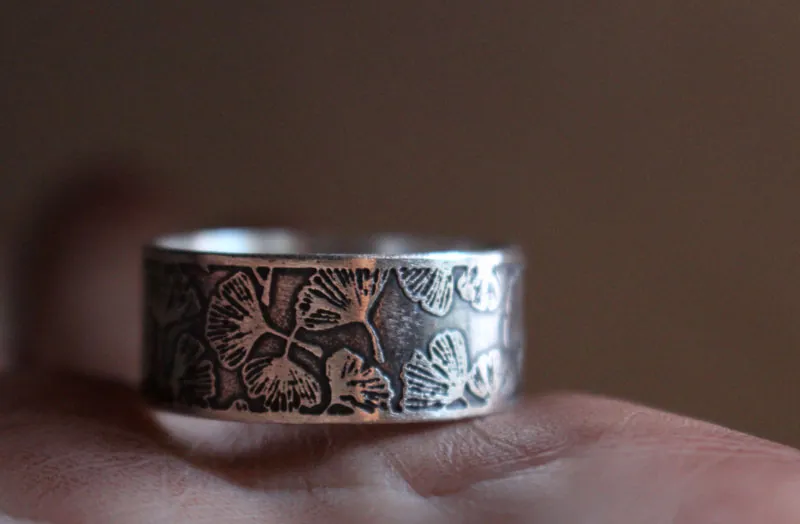Ginkgo, bague feuilles japonaises en argent