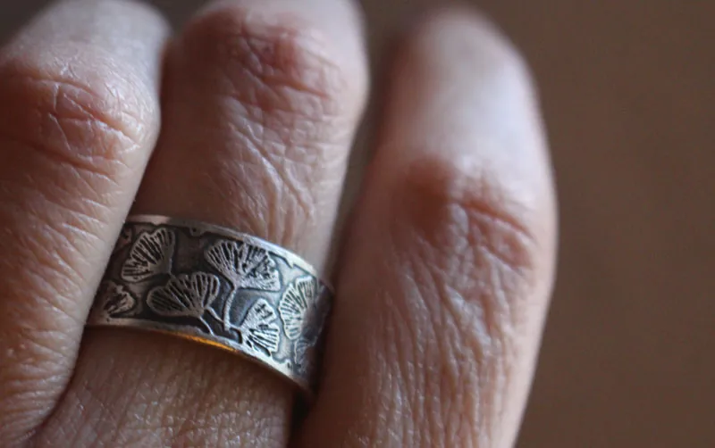 Ginkgo, bague feuilles japonaises en argent