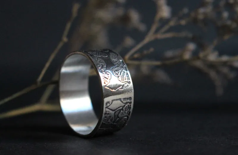 Ginkgo, bague feuilles japonaises en argent