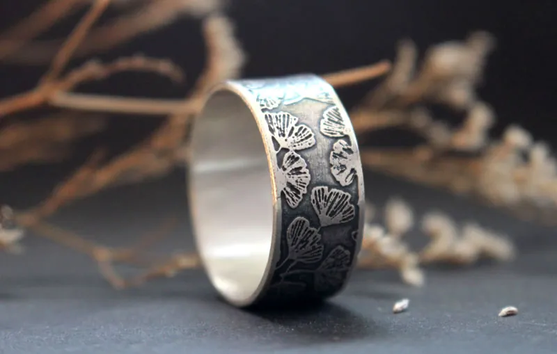 Ginkgo, bague feuilles japonaises en argent