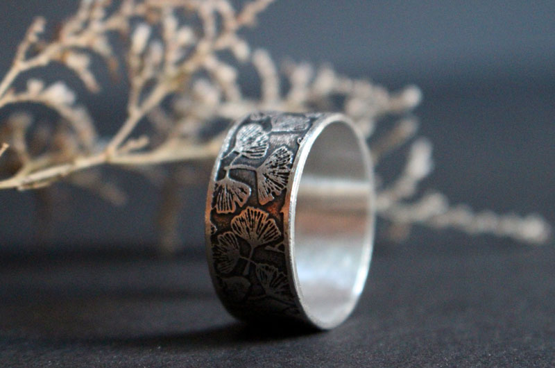 Ginkgo, bague feuilles du japon en argent