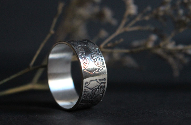 Ginkgo, bague feuilles du japon en argent