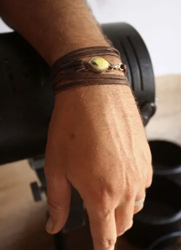Héméré, bracelet lumière grecque en argent, cuir et jade citron