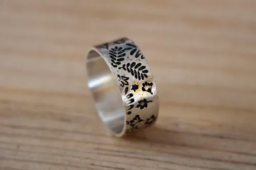 Herbier de feuilles des bois, bague empreinte de la nature en argent
