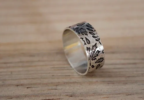 Herbier de feuilles des bois, bague empreinte de la nature en argent