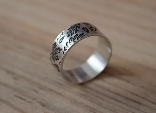 Herbier de feuilles des bois, bague empreinte de la nature en argent