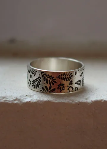 Herbier de feuilles des bois, bague empreinte de la nature en argent