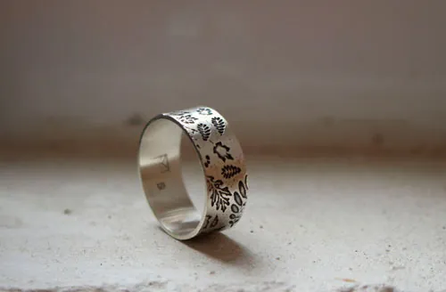 Herbier de feuilles des bois, bague empreinte de la nature en argent